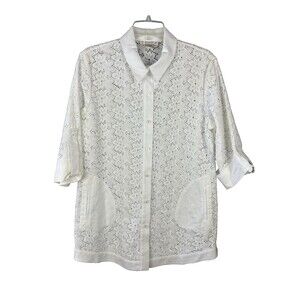 ZELDA Eyelet Blouse Women's Size 10 White 100% Cotton Button Up Long Sleeve